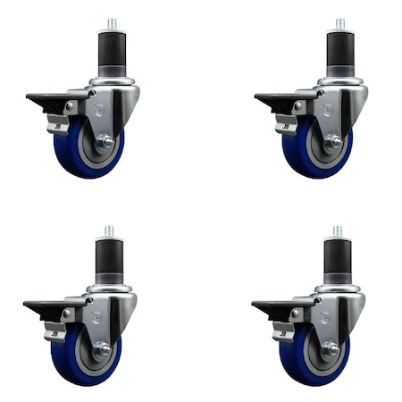 Service Caster 3.5'' Blue Poly Swivel 1-5/8'' Expanding Stem Caster Set with Brake, 4PK SCC-EX20S3514-PPUB-BLUE-PLB-158-4